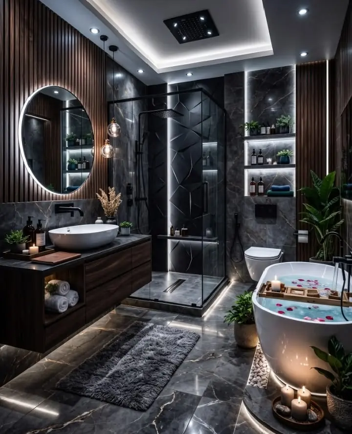 Bathroom remodel after, Bay Area: dark stone walls, a glass shower and a freestanding tub