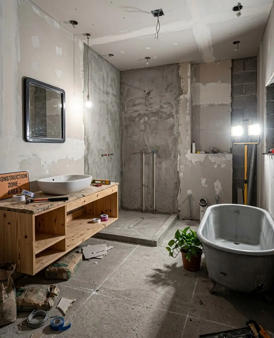 Bathroom before the remodel, bare concrete walls and floor