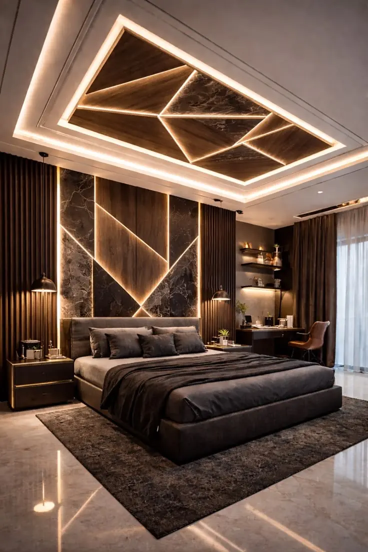 Bedroom remodel after, Bay Area: geometric wood-and-marble feature wall