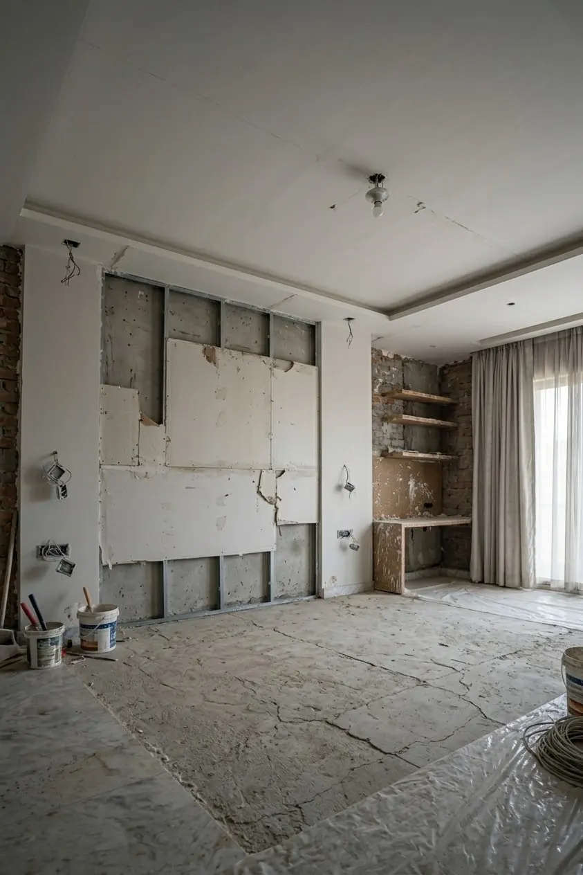 Bedroom before the remodel, with rough plaster walls