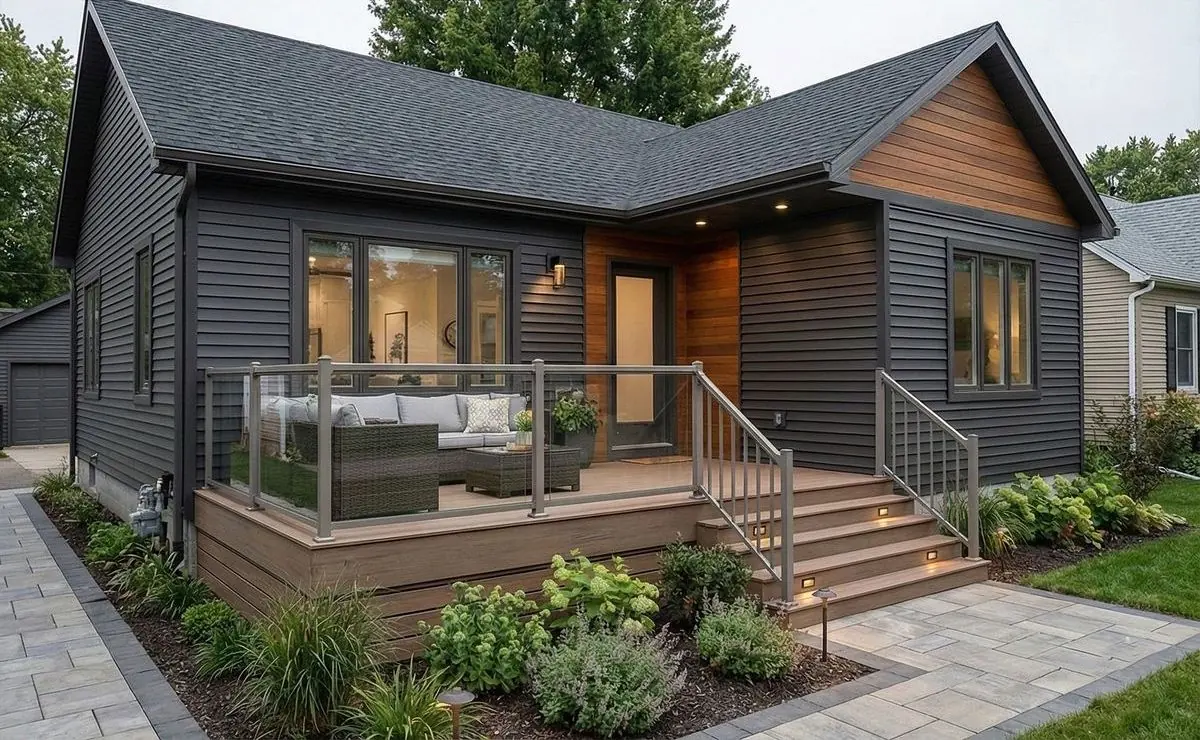Cottage exterior renovation after, Bay Area: charcoal siding, cedar accents and a glass-railed deck