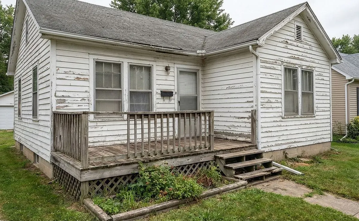 Cottage exterior before the renovation, with peeling white siding and a worn porch