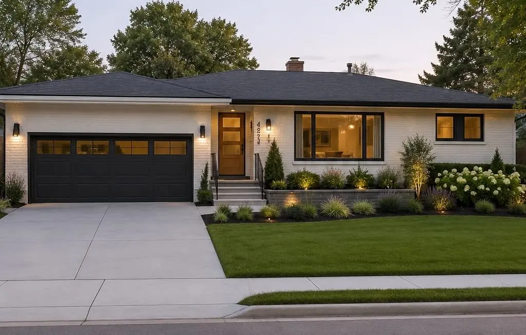 Ranch home exterior renovation after, Bay Area: painted brick, black-framed windows, a new garage door and fresh landscaping