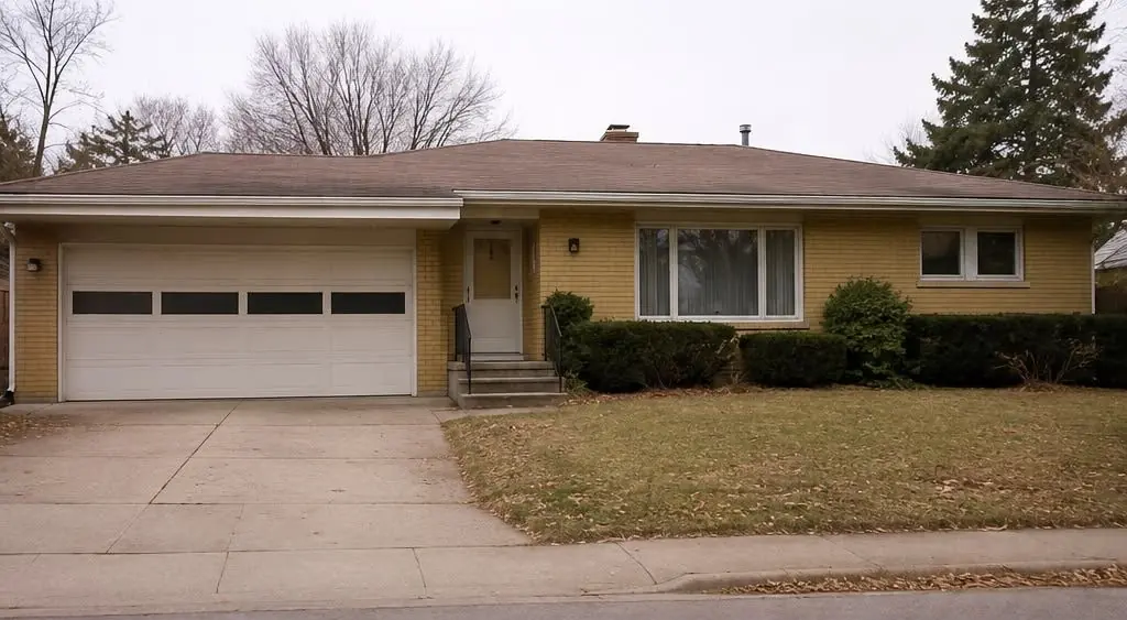 Ranch home exterior before the renovation, in yellow brick