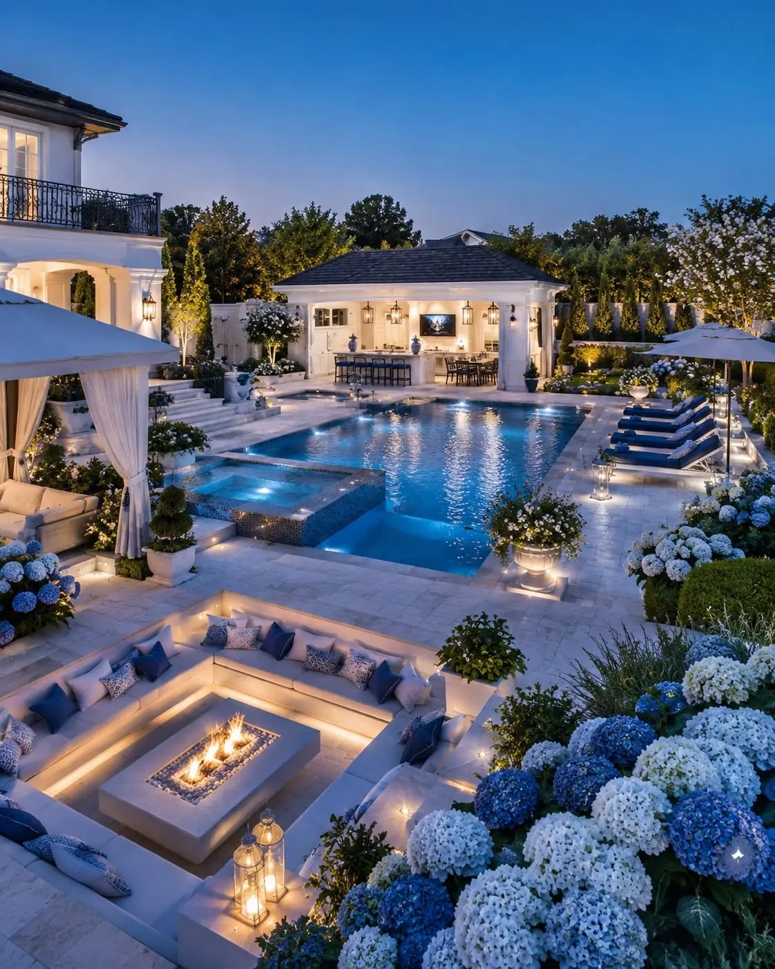 Backyard remodel after, Bay Area: swimming pool, sunken fire-pit lounge and layered planting