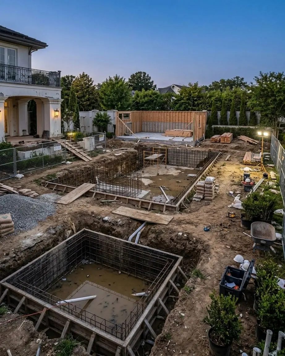 Backyard before the landscaping project, an excavated dirt yard