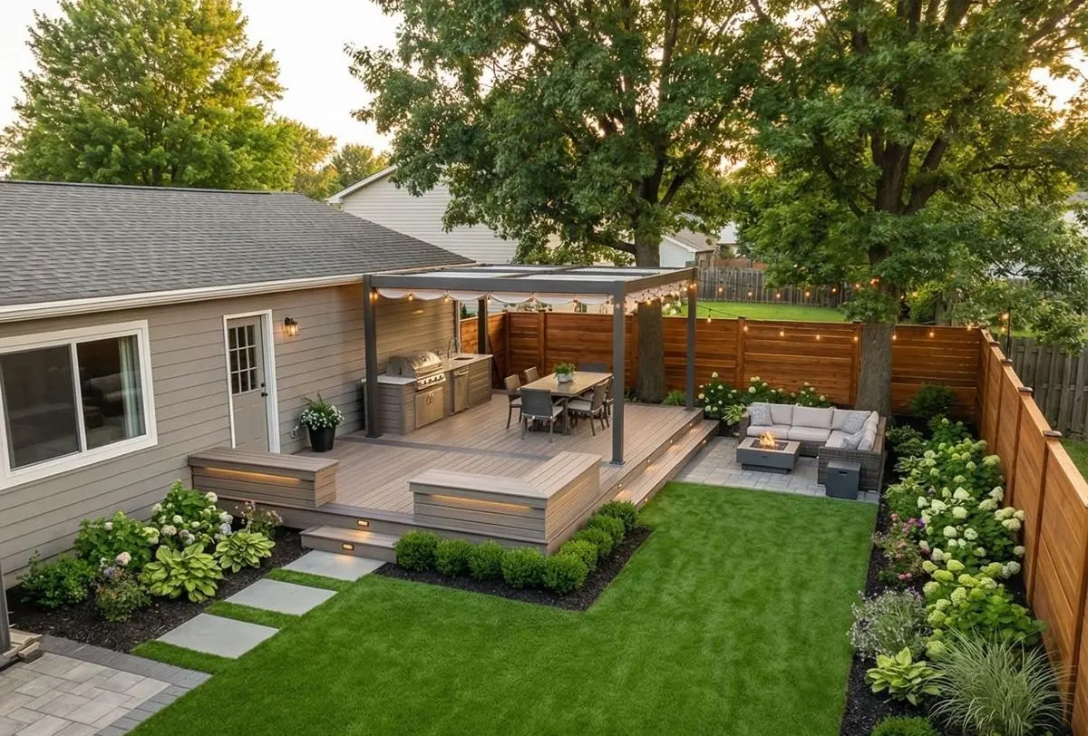 Backyard remodel after, Bay Area: composite deck with a pergola, outdoor kitchen and fire-pit lounge