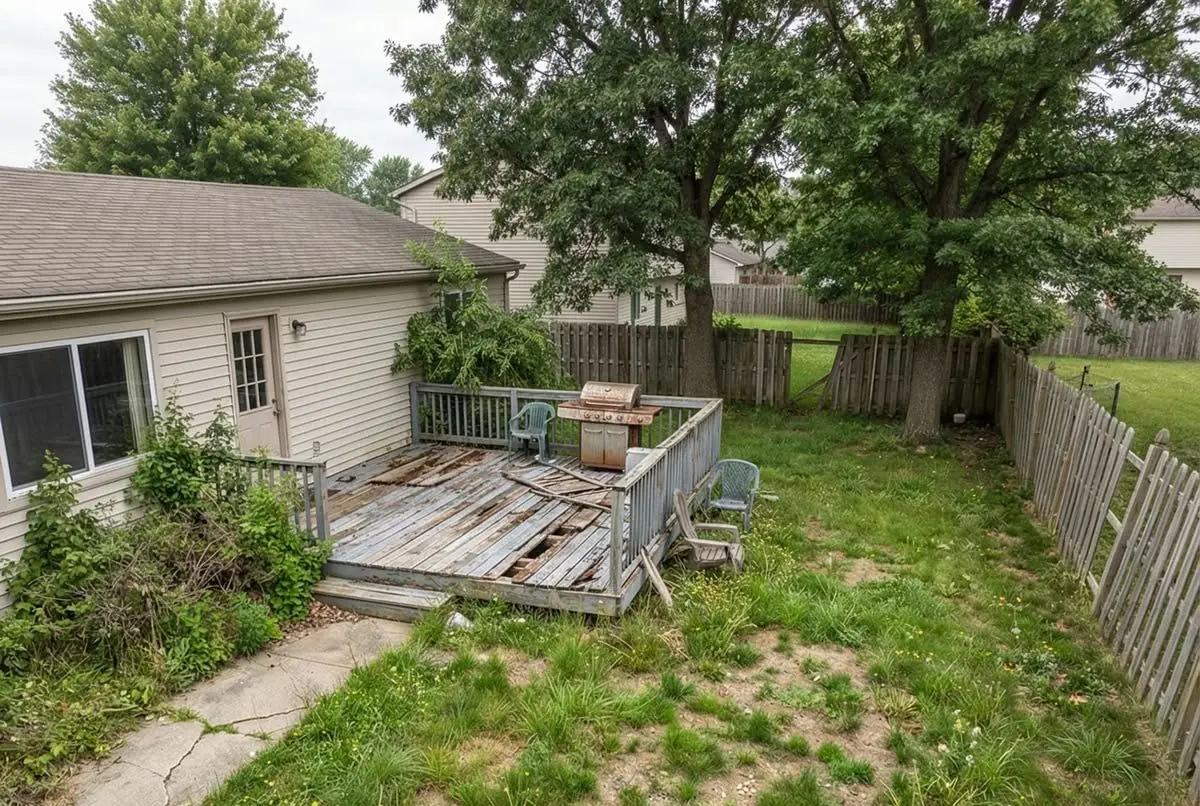 Backyard before the remodel, with a worn deck and patchy lawn
