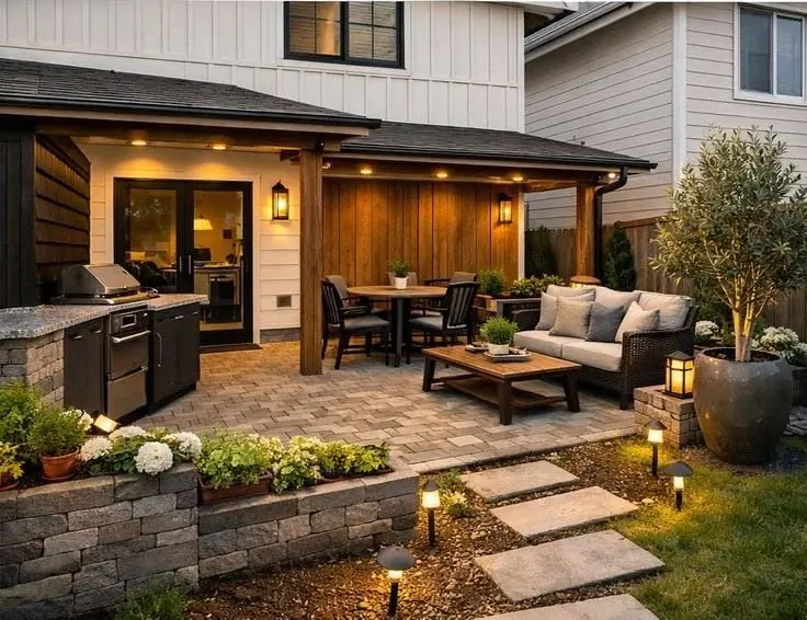 Patio remodel after, Bay Area: covered paver patio with a built-in grill, stone planters and pathway lighting