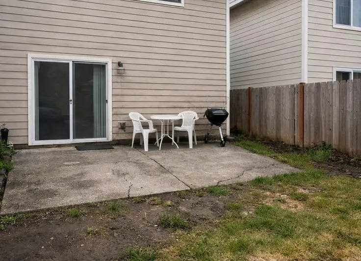 Patio before the remodel, a cracked concrete slab