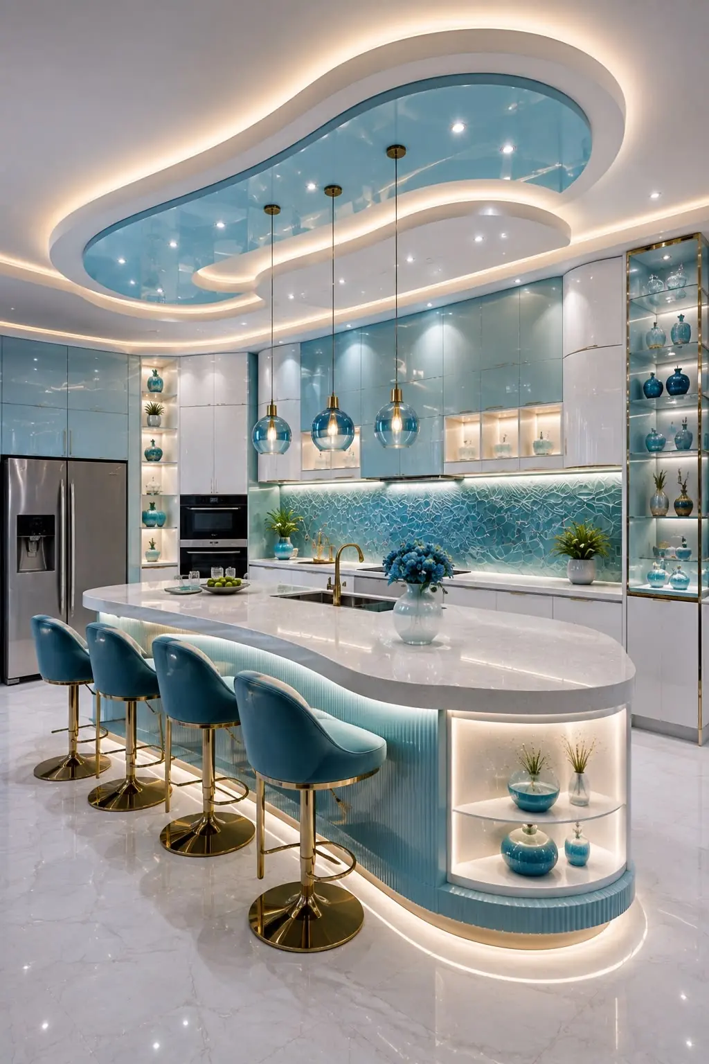 Modern kitchen remodel after, Bay Area: curved marble island, glass cabinetry and a backlit sculpted ceiling