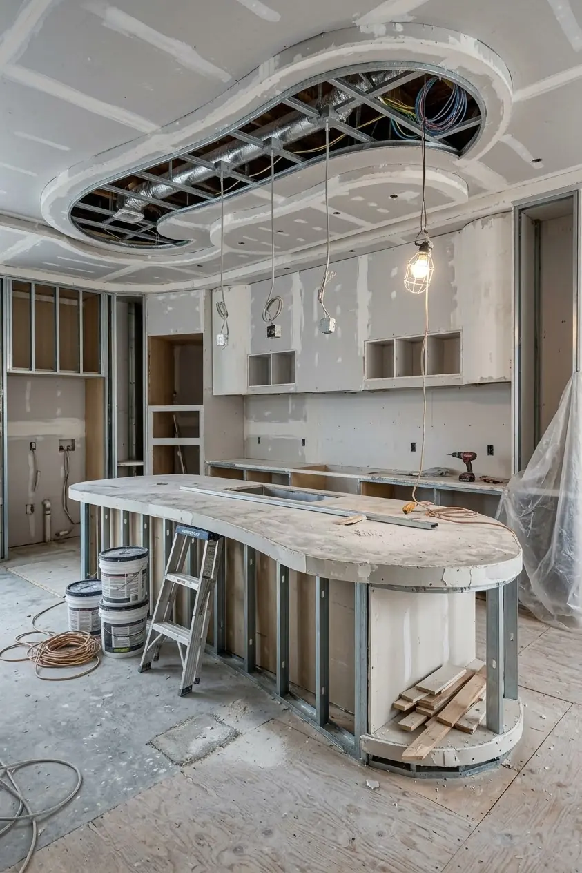 Kitchen remodel before, Bay Area: bare drywall, exposed ceiling framing and an unfinished curved island