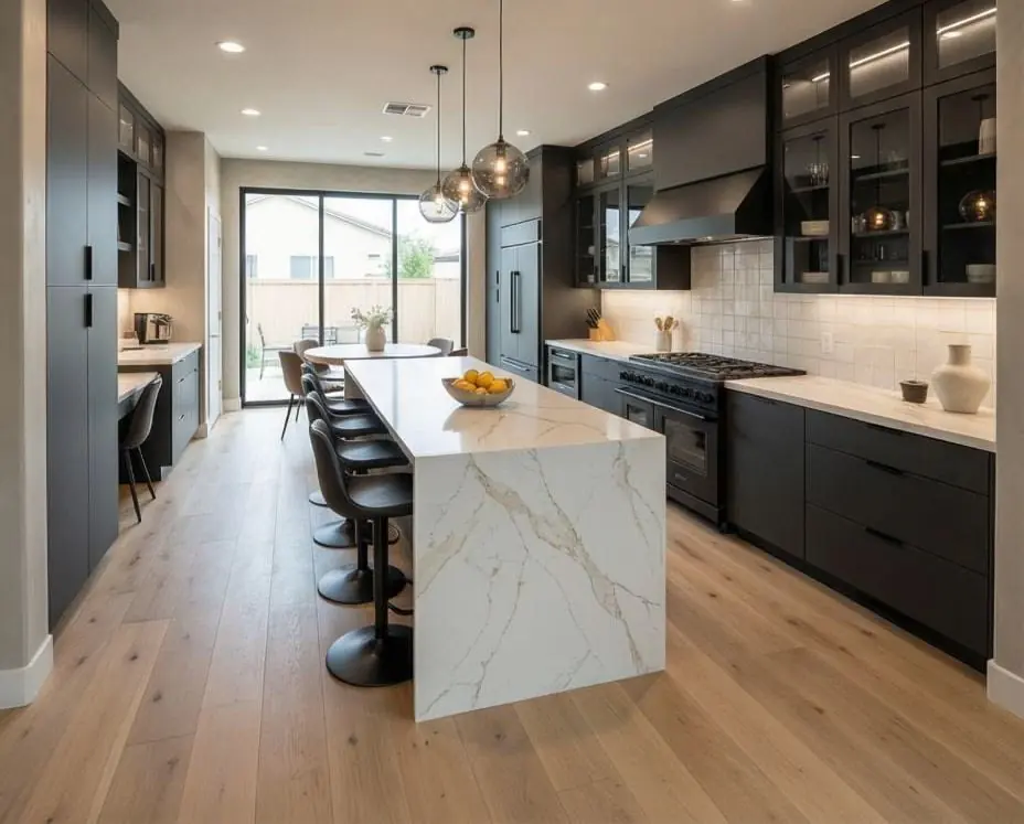 Modern kitchen remodel after, Bay Area: matte black cabinetry, a waterfall marble island and wide-plank oak floors