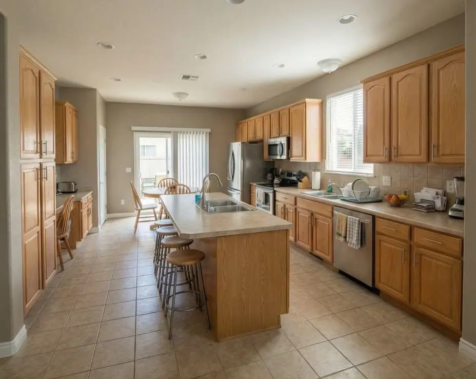 Kitchen before the remodel, with honey-oak cabinets and a tile floor