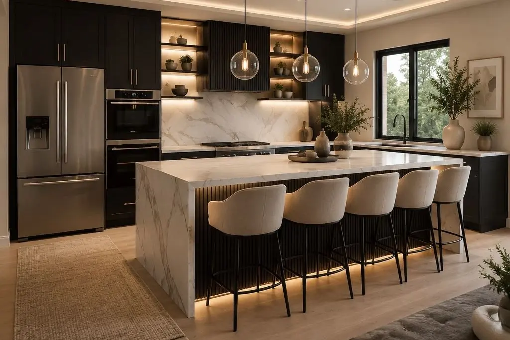 Kitchen remodel after, Bay Area: marble waterfall island, open lit shelving and warm cove lighting