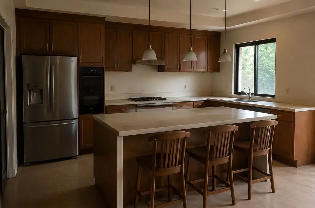 Kitchen before the remodel, with dark, dated cabinetry