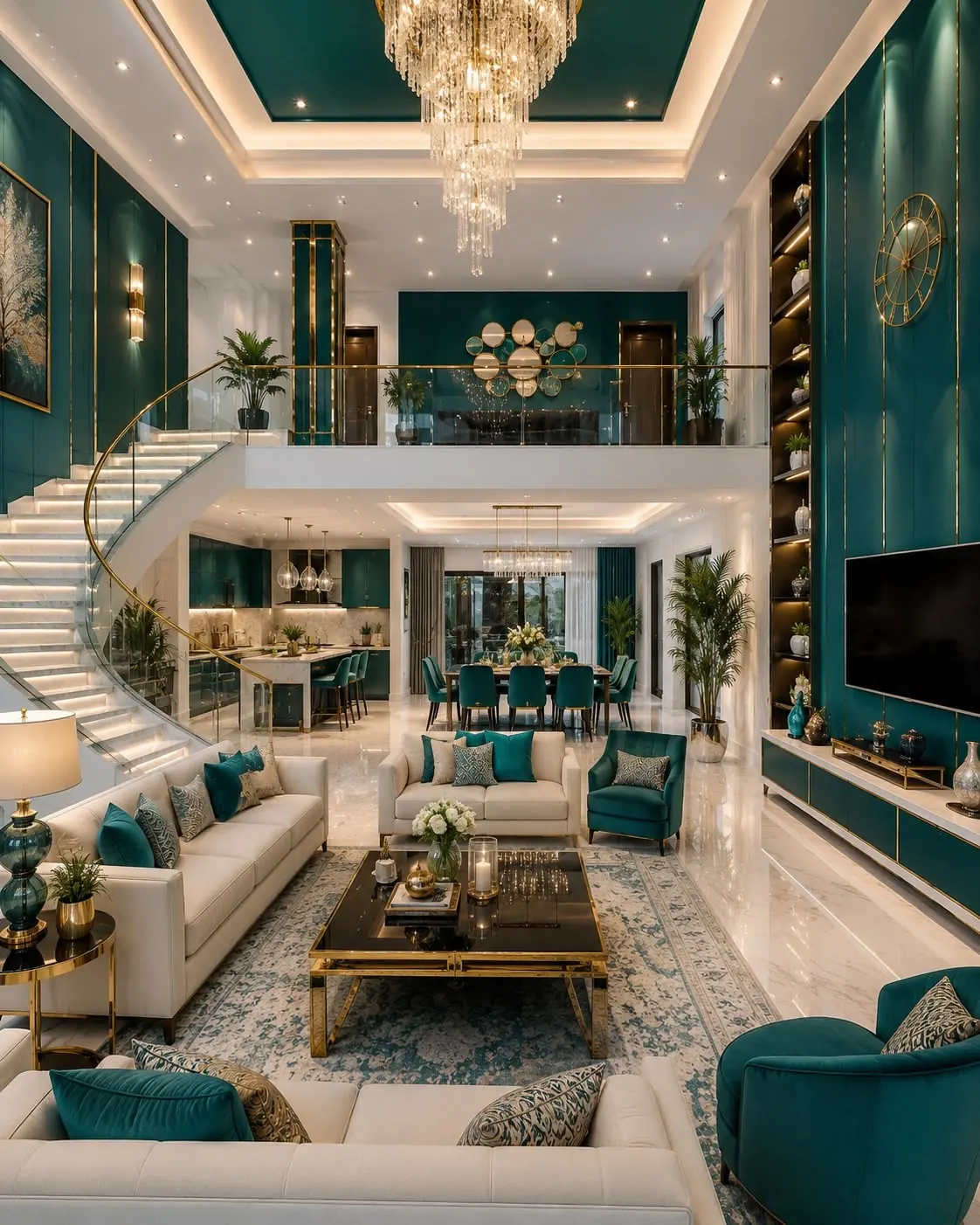 Double-height living room remodel after, Bay Area: deep teal and gold finishes with a sweeping glass staircase