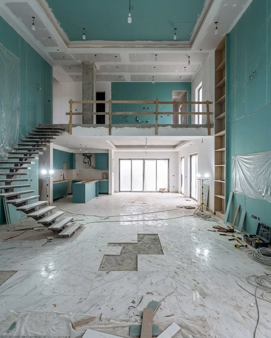 Double-height living room before the remodel, stripped back to a bare shell