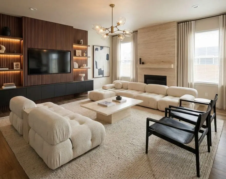 Living room remodel after, Bay Area: slatted walnut media wall, stone fireplace surround and sculptural seating
