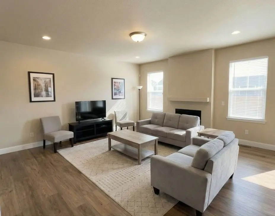 Living room before the remodel, a plain beige room