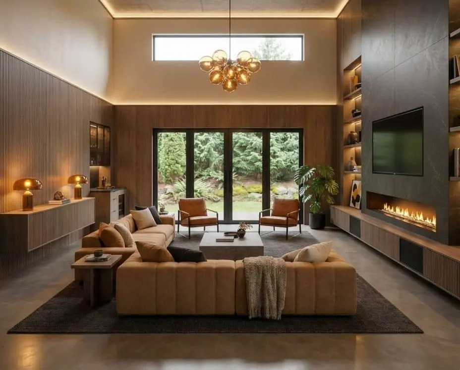 Great room remodel after, Bay Area: timber panelling, a full-height stone fireplace wall and cove lighting