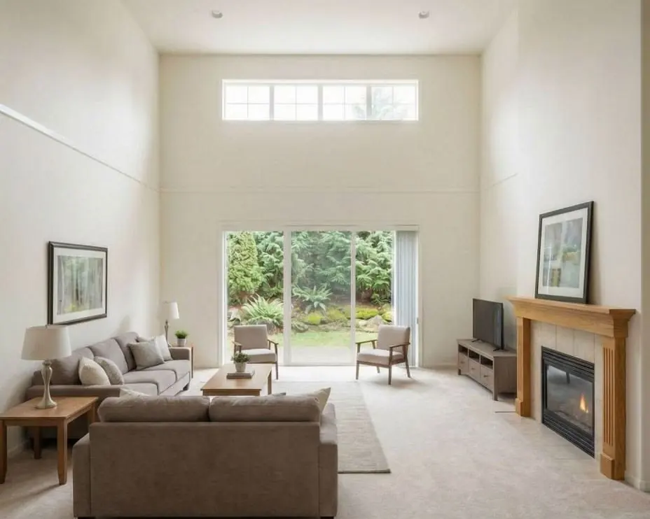 Great room before the remodel, with white walls and carpet